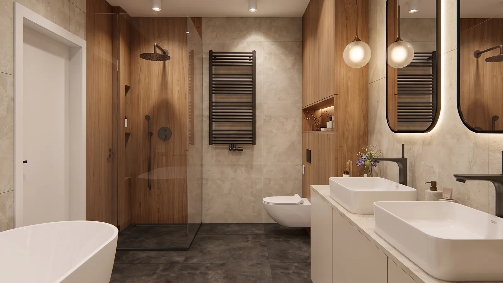 Łazienka z prysznicem walk-in — wizualizacja wnętrza 3D